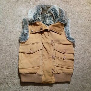 Y2K Gadzooks Brown Corduroy Vest  Faux Fur Trim Women's Size M